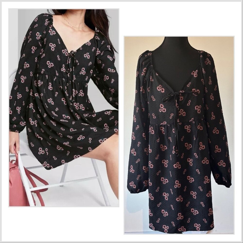 Wild Fable Black Floral‎ Dress Women’s Medium Long Sleeve Boho Peasant Babydoll